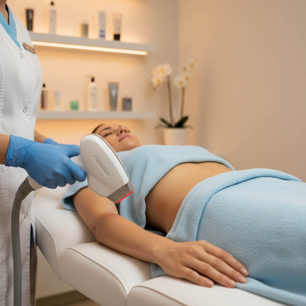 Person receiving laser hair removal treatment on their stomach and abdomen area